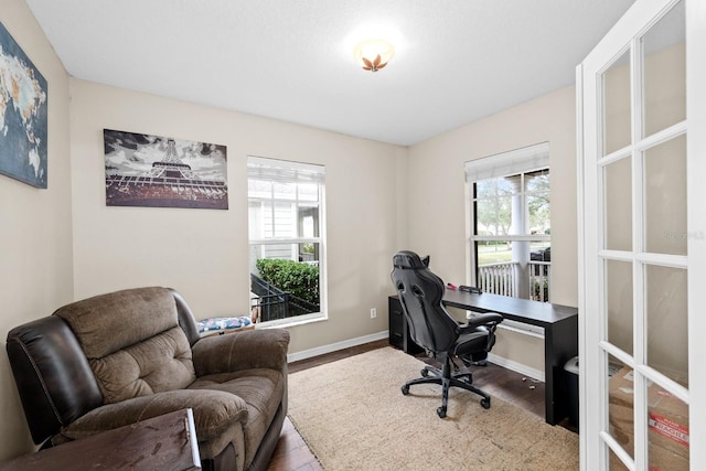 home office featuring plenty of natural light and wood-type flooring