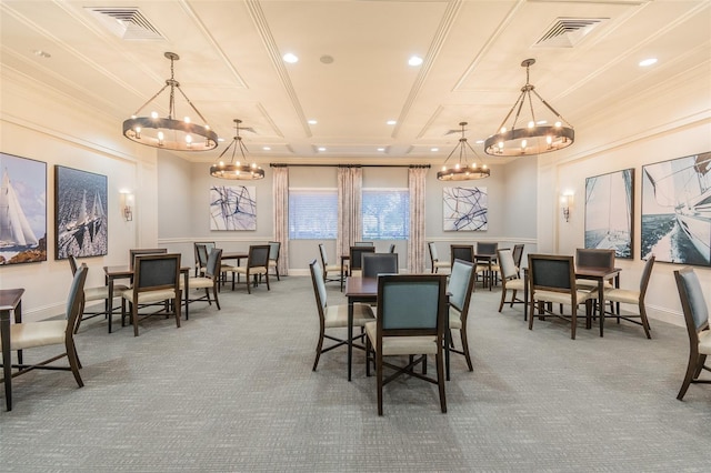 dining area with carpet, a notable chandelier, and coffered ceiling