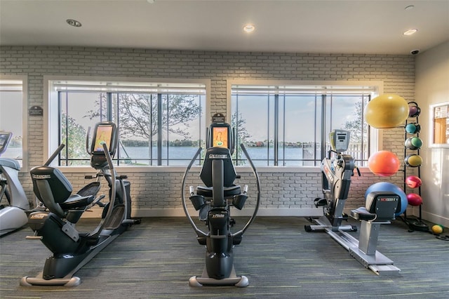 exercise room featuring a water view and brick wall