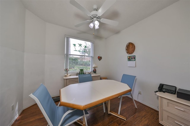 dining area with ceiling fan and dark wood-type flooring