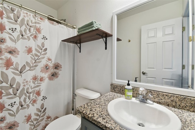 bathroom featuring toilet, vanity, and walk in shower