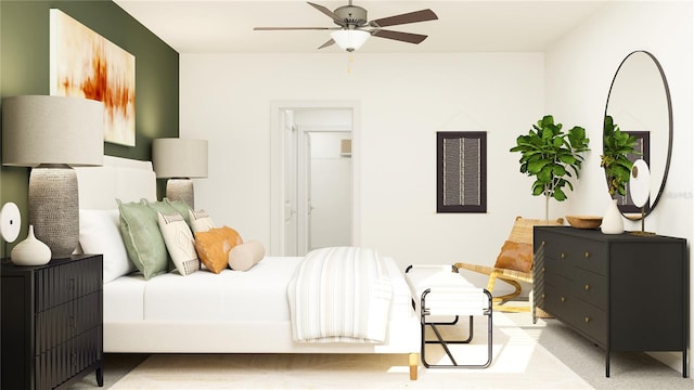 bedroom with ceiling fan and light colored carpet