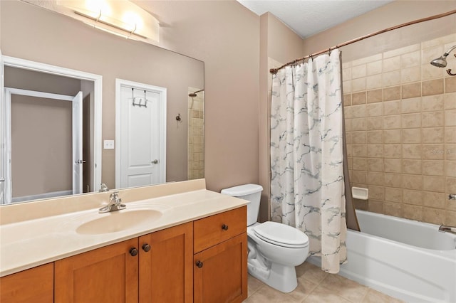 full bathroom with shower / tub combo, vanity, a textured ceiling, and toilet