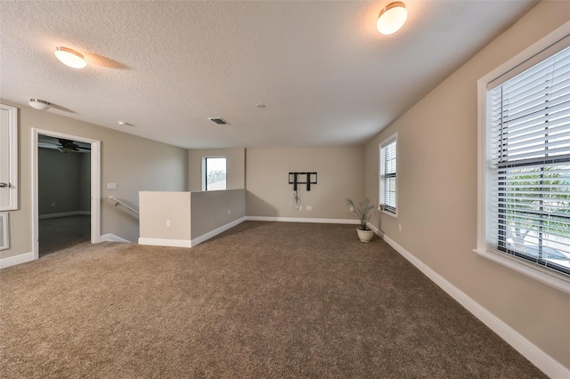 spare room with carpet, a healthy amount of sunlight, and a textured ceiling