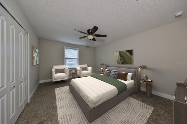 carpeted bedroom featuring ceiling fan, a textured ceiling, and a closet