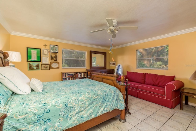 bedroom featuring ceiling fan, light tile patterned floors, and crown molding