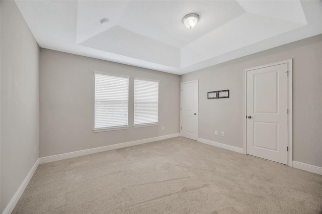 empty room featuring light colored carpet and a tray ceiling