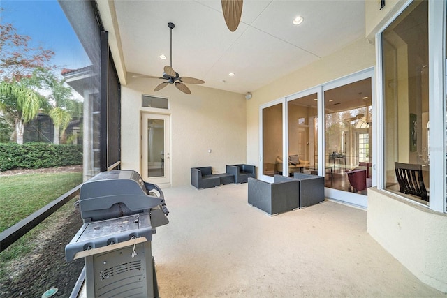 view of patio featuring ceiling fan