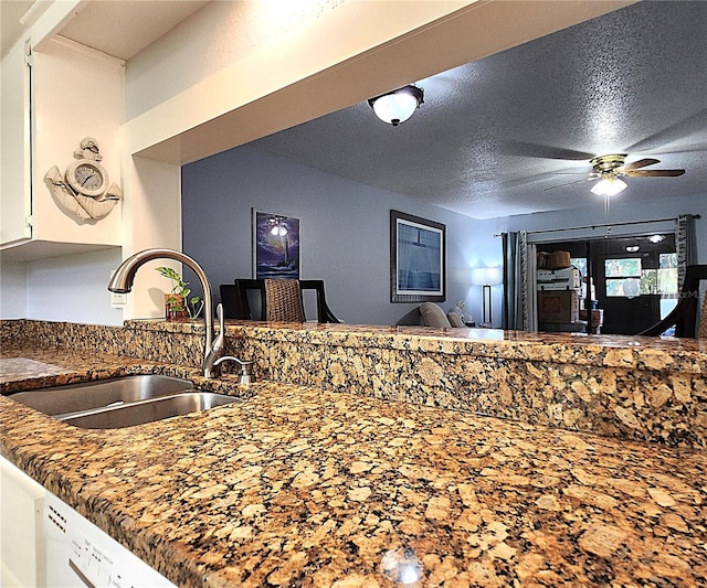 kitchen with ceiling fan, sink, and a textured ceiling