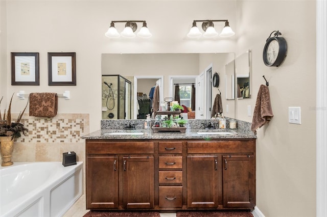 bathroom featuring vanity and independent shower and bath