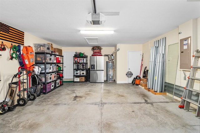 garage with a garage door opener, gas water heater, electric panel, and stainless steel refrigerator with ice dispenser