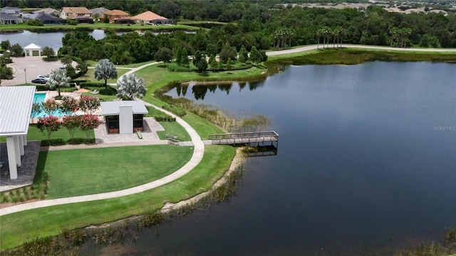 birds eye view of property featuring a water view