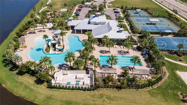 drone / aerial view with a water view