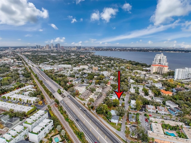 drone / aerial view with a water view