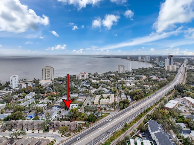 aerial view featuring a water view