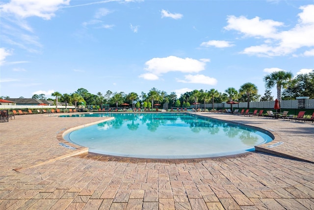 view of swimming pool featuring a patio