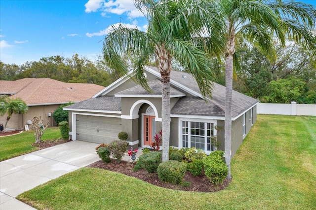 ranch-style house with a front lawn and a garage