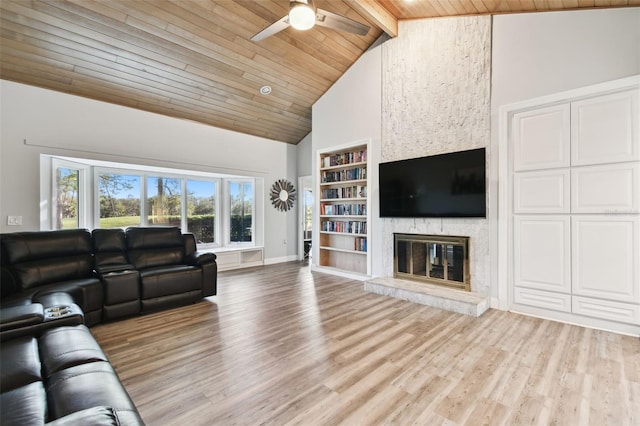 living room featuring wooden ceiling, light hardwood / wood-style flooring, ceiling fan, a fireplace, and beam ceiling