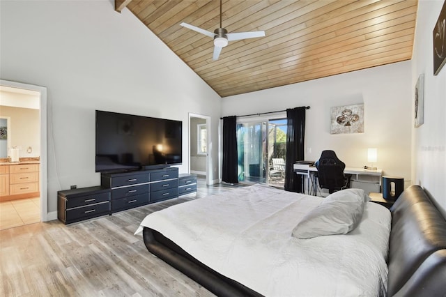 bedroom featuring access to outside, connected bathroom, ceiling fan, and wood ceiling