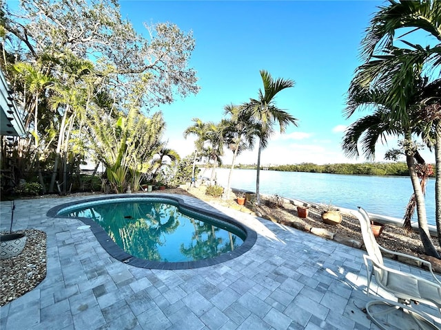 view of swimming pool with a patio and a water view