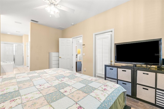 bedroom with connected bathroom and ceiling fan