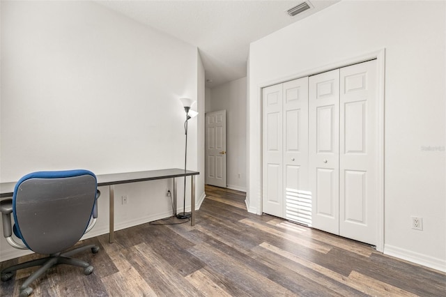 office area with dark hardwood / wood-style flooring