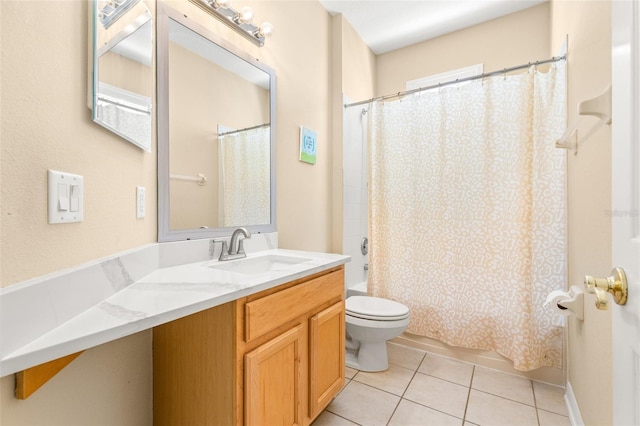 full bathroom with tile patterned flooring, vanity, toilet, and shower / tub combo with curtain