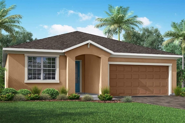 view of front facade featuring a garage and a front lawn