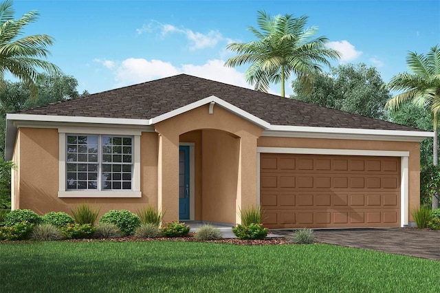 5025 124th Ave E, Parrish, FL 34219 - single story home with stucco siding, an attached garage, a front yard, and driveway