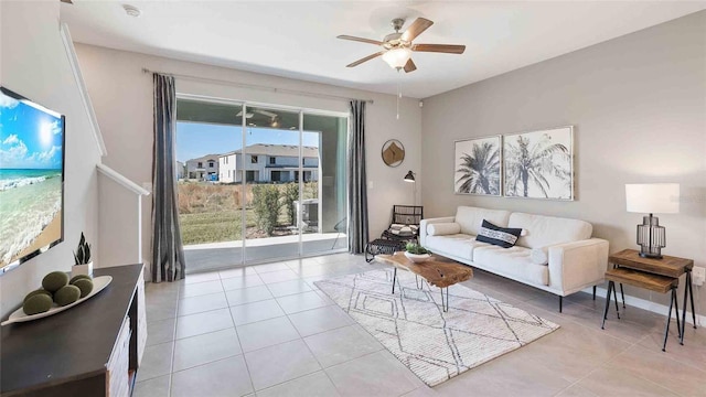 tiled living room with ceiling fan