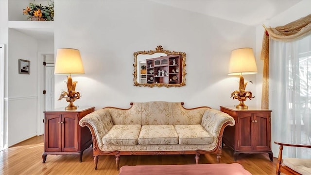 living area featuring vaulted ceiling and light hardwood / wood-style flooring