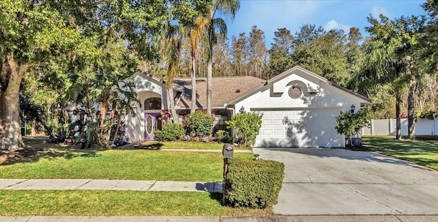 view of front of property with a garage and a front lawn