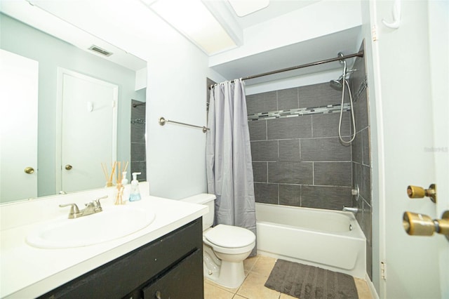 full bath with vanity, visible vents, shower / bath combination with curtain, tile patterned floors, and toilet