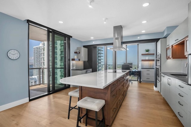 kitchen featuring light hardwood / wood-style flooring, white cabinetry, plenty of natural light, a center island, and island exhaust hood