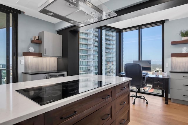 kitchen featuring dark brown cabinets, light hardwood / wood-style flooring, expansive windows, black electric stovetop, and range hood