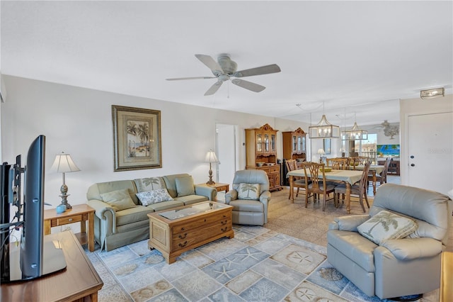 living room featuring ceiling fan