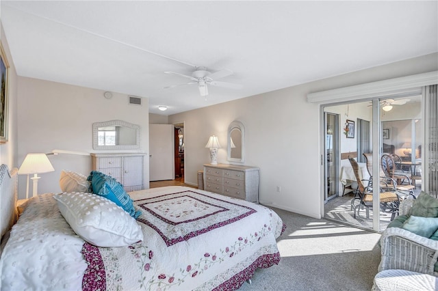 bedroom with carpet floors, access to outside, and ceiling fan