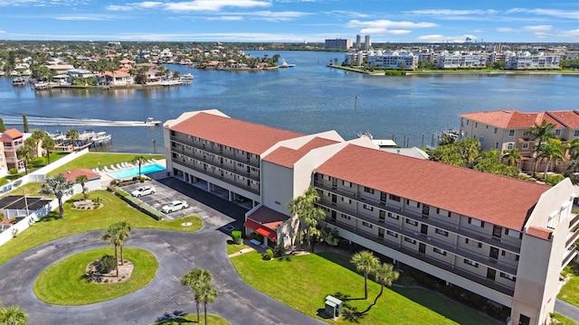 drone / aerial view with a water view