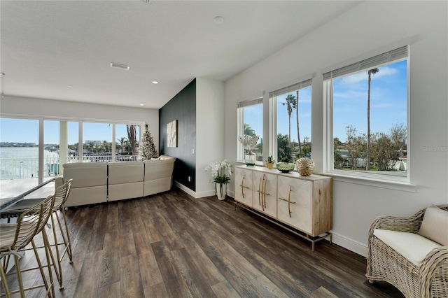 living room with a water view and dark wood-type flooring