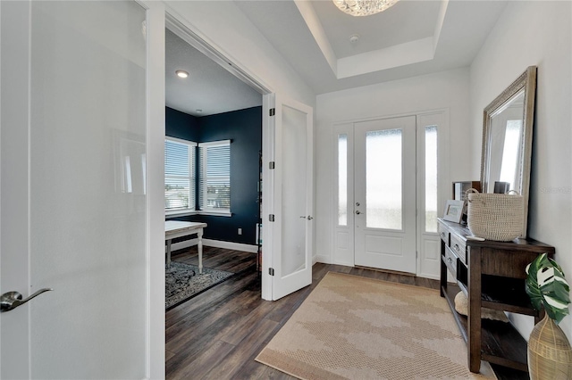 foyer entrance with a tray ceiling and dark hardwood / wood-style flooring