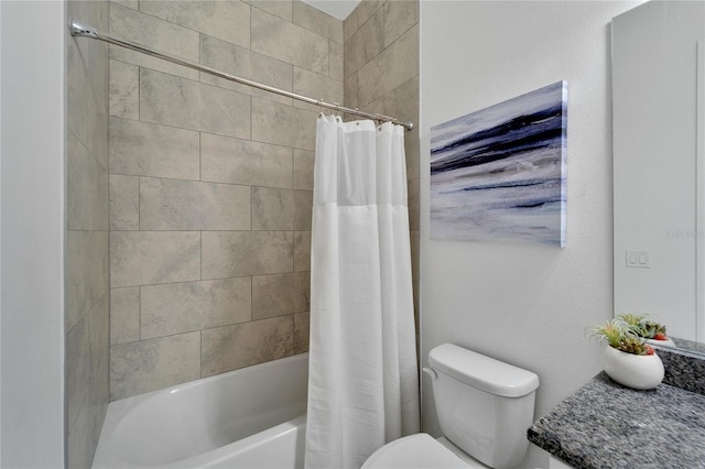 bathroom featuring shower / bathtub combination with curtain and toilet