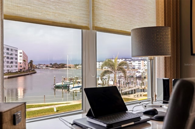 office featuring a water view