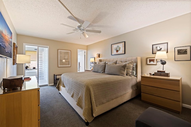 bedroom with a textured ceiling, ceiling fan, dark carpet, and access to outside