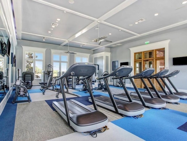 workout area featuring ceiling fan