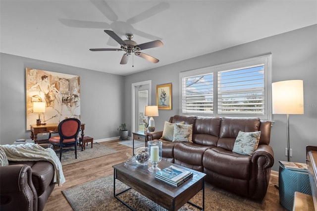 living room with ceiling fan and wood-type flooring