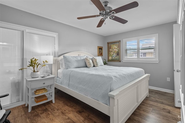 bedroom featuring ceiling fan and dark wood-type flooring