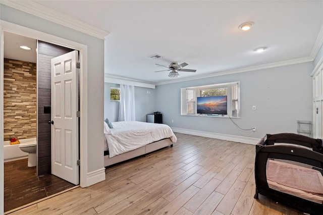 bedroom featuring ornamental molding, ceiling fan, and light hardwood / wood-style flooring