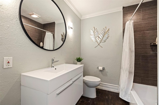 full bathroom featuring ornamental molding, vanity, shower / tub combo with curtain, and toilet