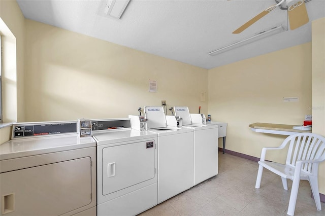 clothes washing area featuring ceiling fan, a textured ceiling, and washing machine and clothes dryer