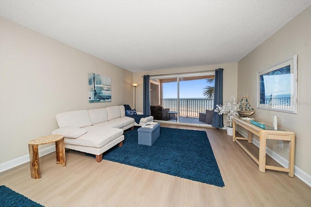 living room with a textured ceiling and light hardwood / wood-style floors